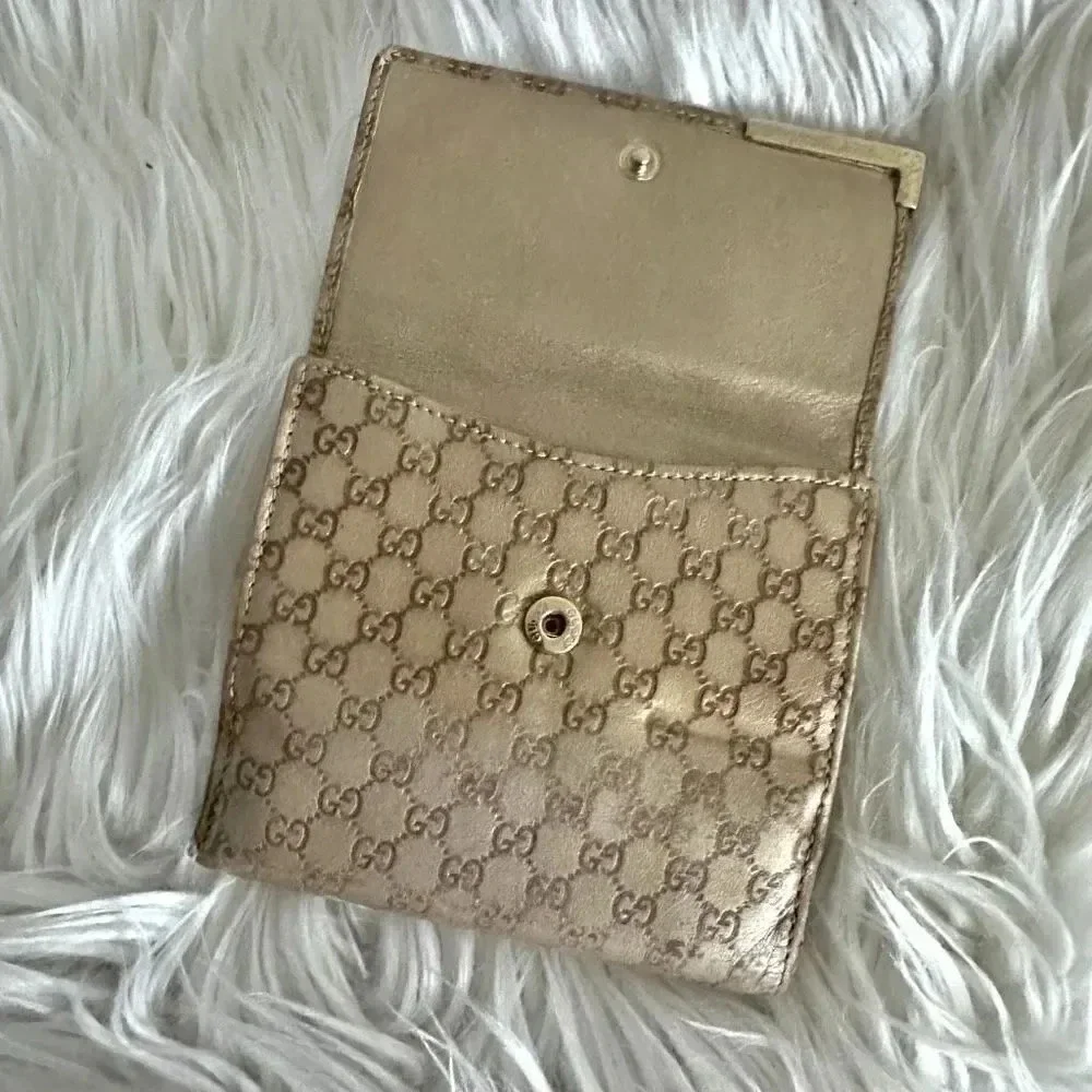 GUCCI | Authentic Vintage Unisex Canvas Compact Wallet Tan Brown Gold - Picture 9 of 10